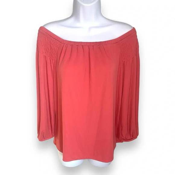 Ann Taylor Coral Off-Shoulder Top Size Small - Smocked Detail & Flowing Sleeves - Picture 1 of 9